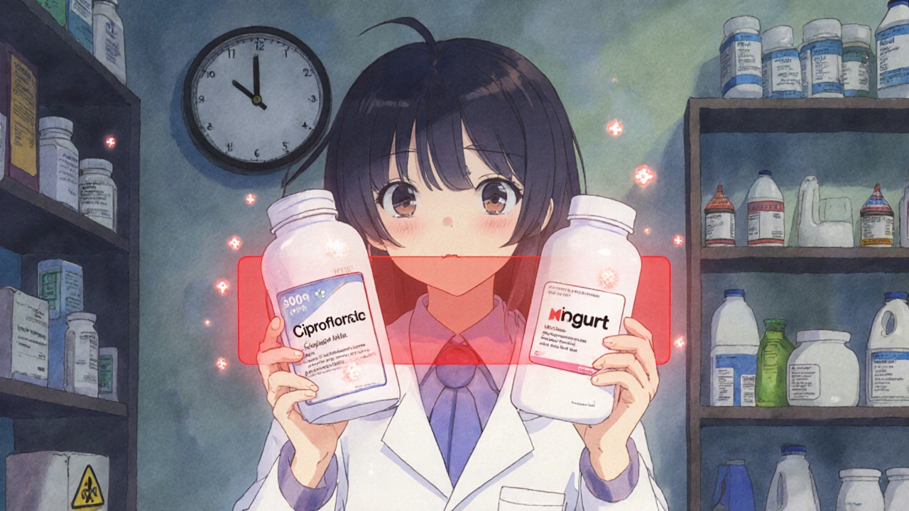 A pharmacist separates antibiotic and yogurt with a glowing barrier, calcium ions floating like magical runes.