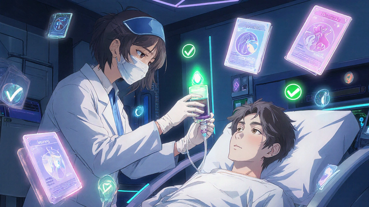 A radiologist administers contrast dye as glowing labels of different agents switch places like magical cards in a modern imaging room.