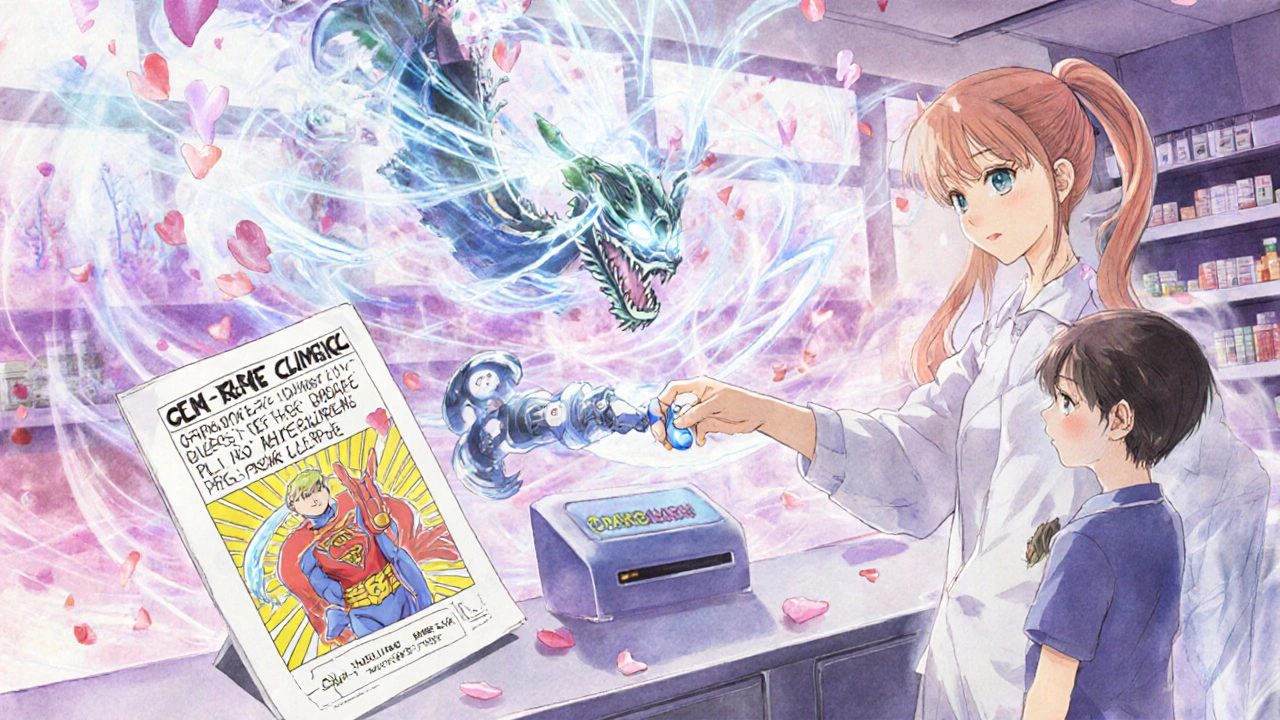 A robotic pharmacist hands a generic pill as holograms show avoided hospital stays and money funding community health.