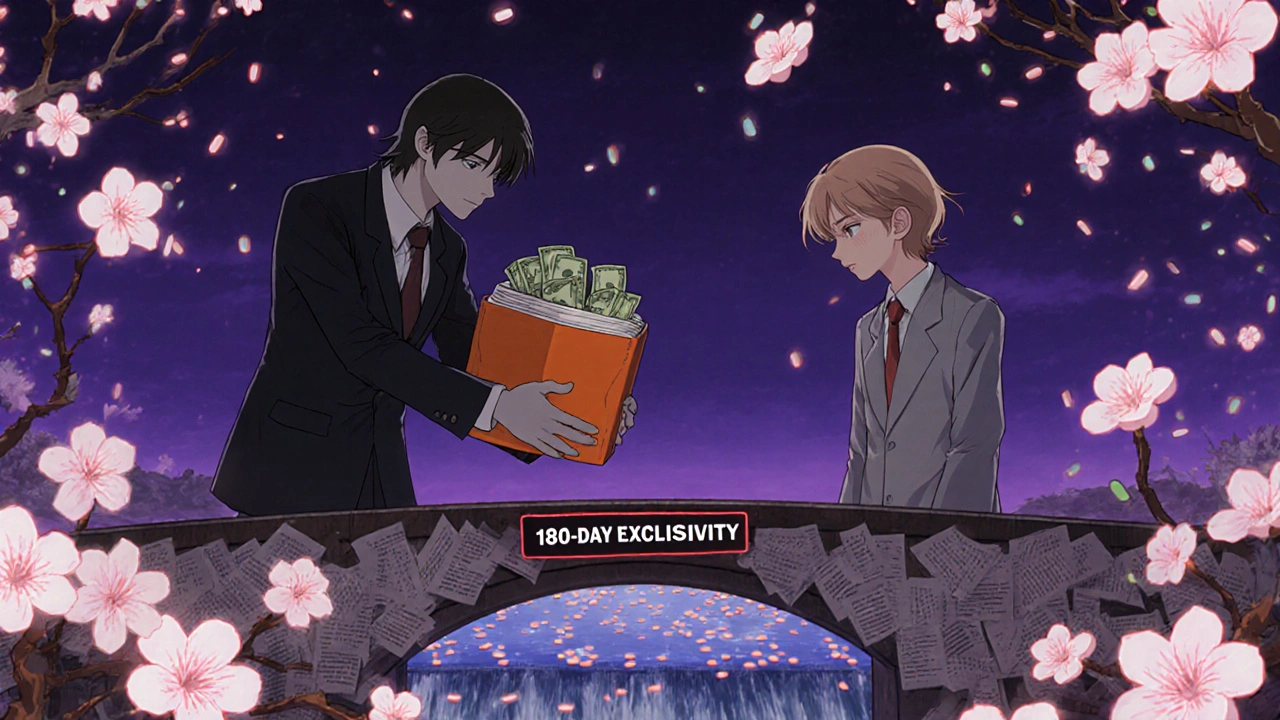 A shadowy executive offers cash to a generic maker on a bridge of Orange Book pages, with cherry blossoms falling in twilight.