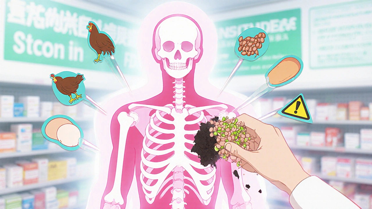 A skeletal figure losing muscle mass as protein foods restore it, with safety icons floating in anime style.