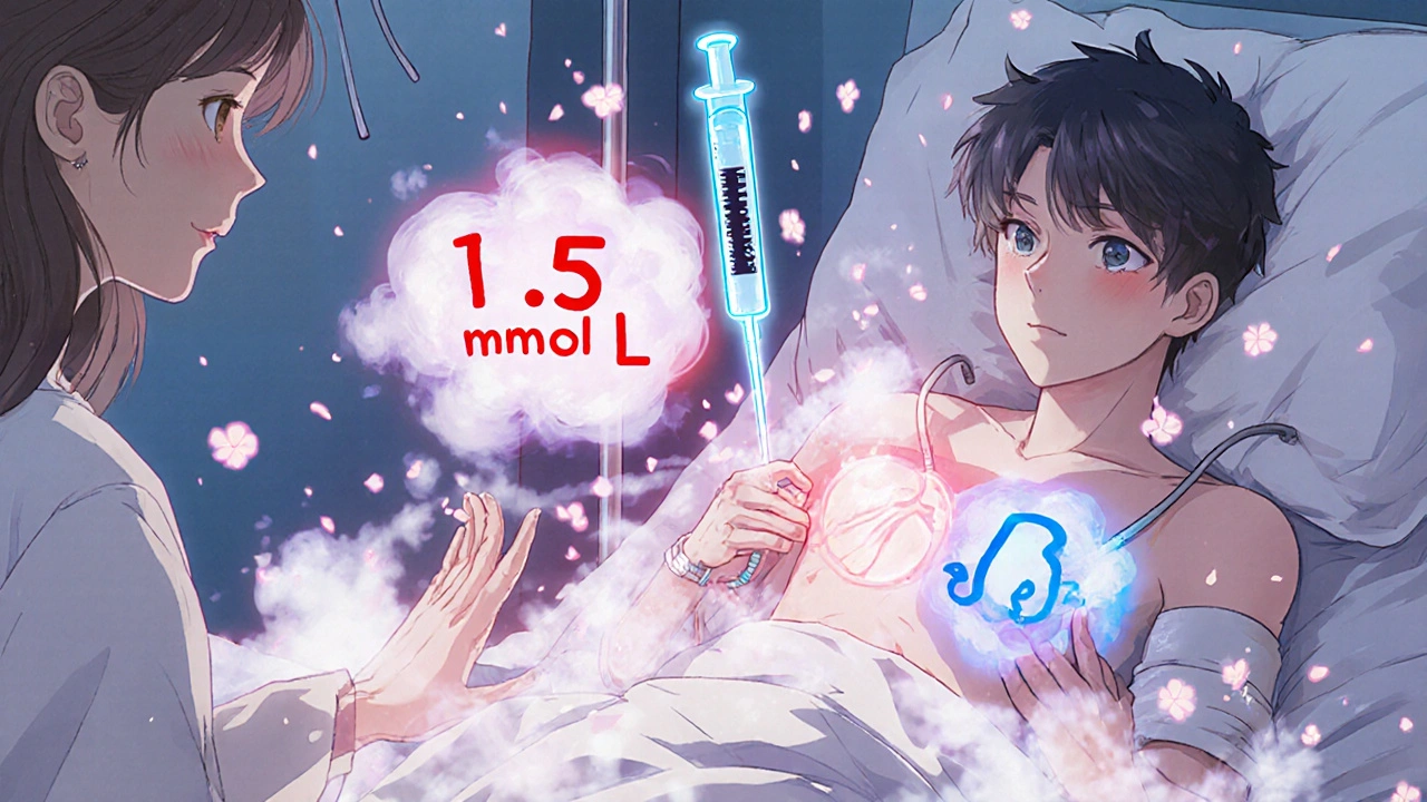 A teen in hospital with glowing ketone clouds and an insulin syringe hovering, parent nearby, cherry blossoms drifting.