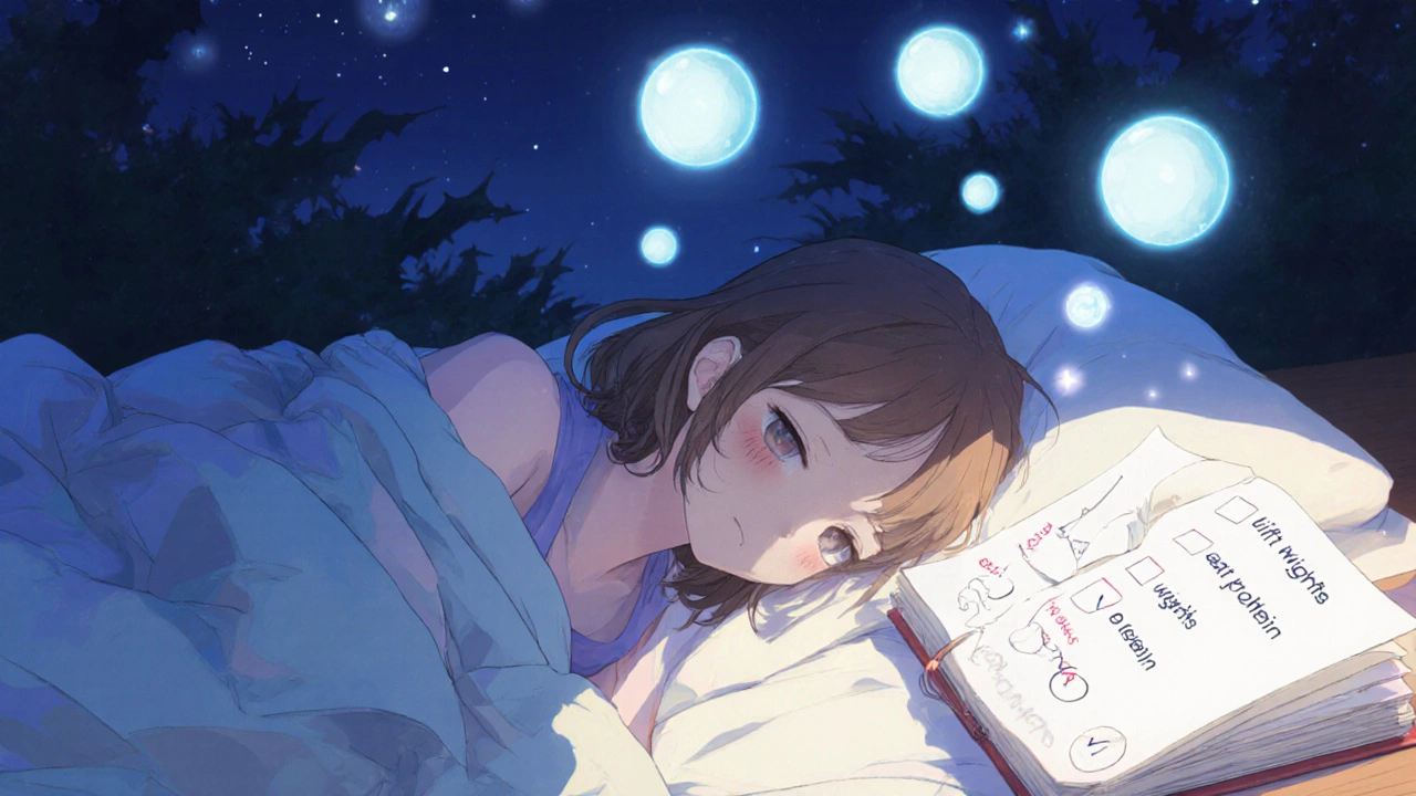 A woman sleeps peacefully under moonlight, with calming sleep orbs and shrinking hunger shadows around her bed.