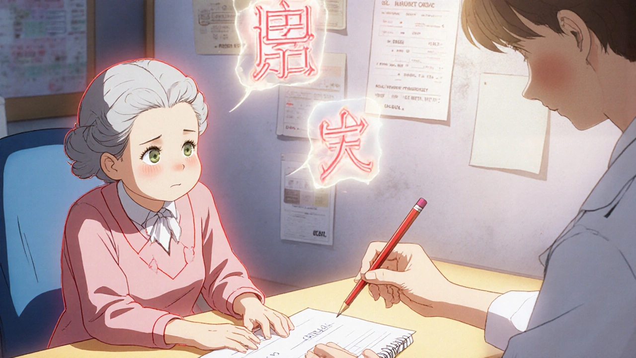 An elderly woman at a clinic with glowing criteria for reduced apixaban dose, guided by a pharmacist.