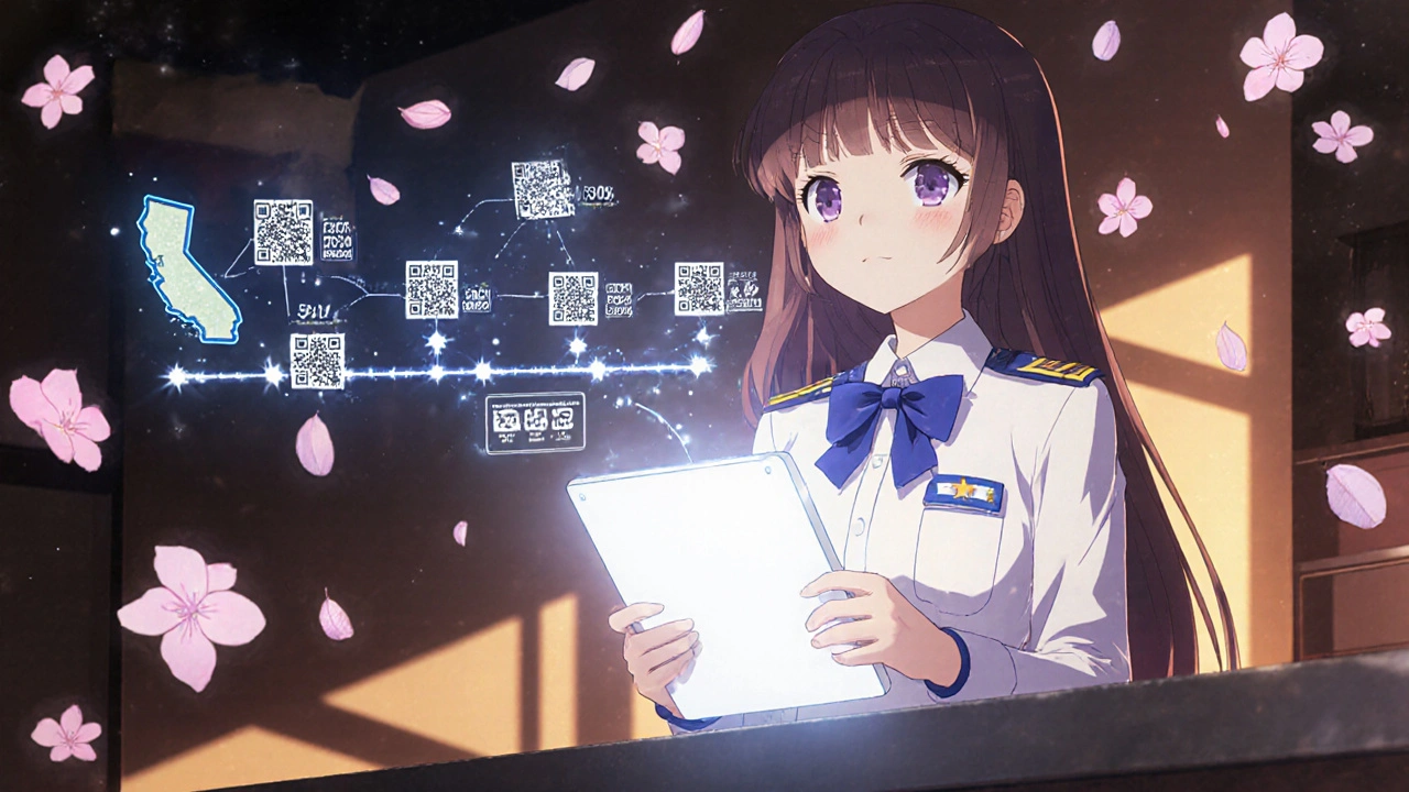 An FDA inspector views a glowing food traceability timeline with cherry blossoms turning into QR codes.