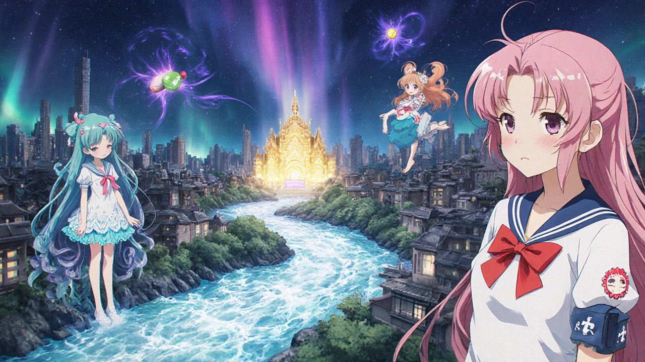 Blood pressure medicine classes appear as elemental spirits guiding a patient toward a healthy heart temple.