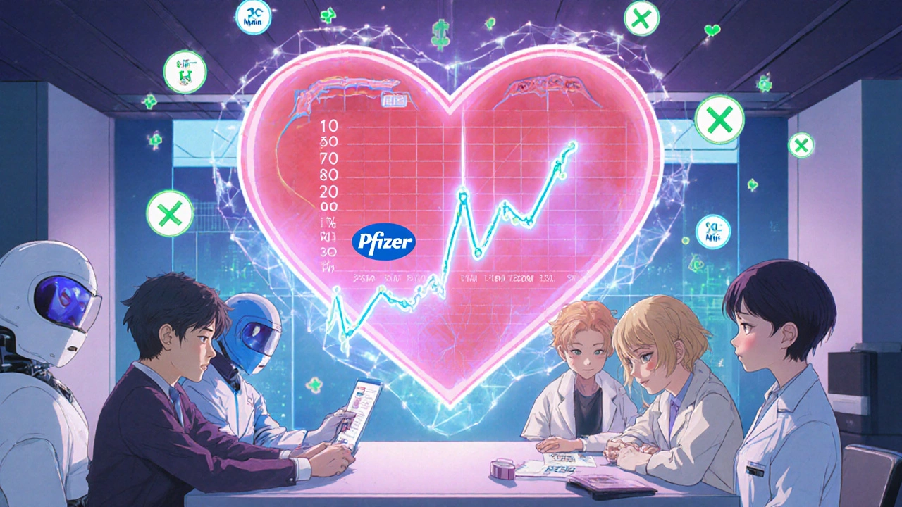 Futuristic U.S. clinic with robotic pharmacists administering biosimilars and holographic price charts.
