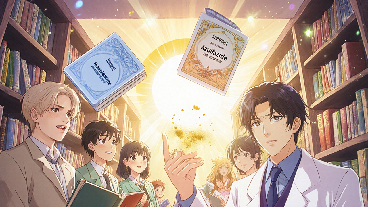 Medical books floating like magic cards as Azulfidine fades away, symbolizing modern IBD treatment options.