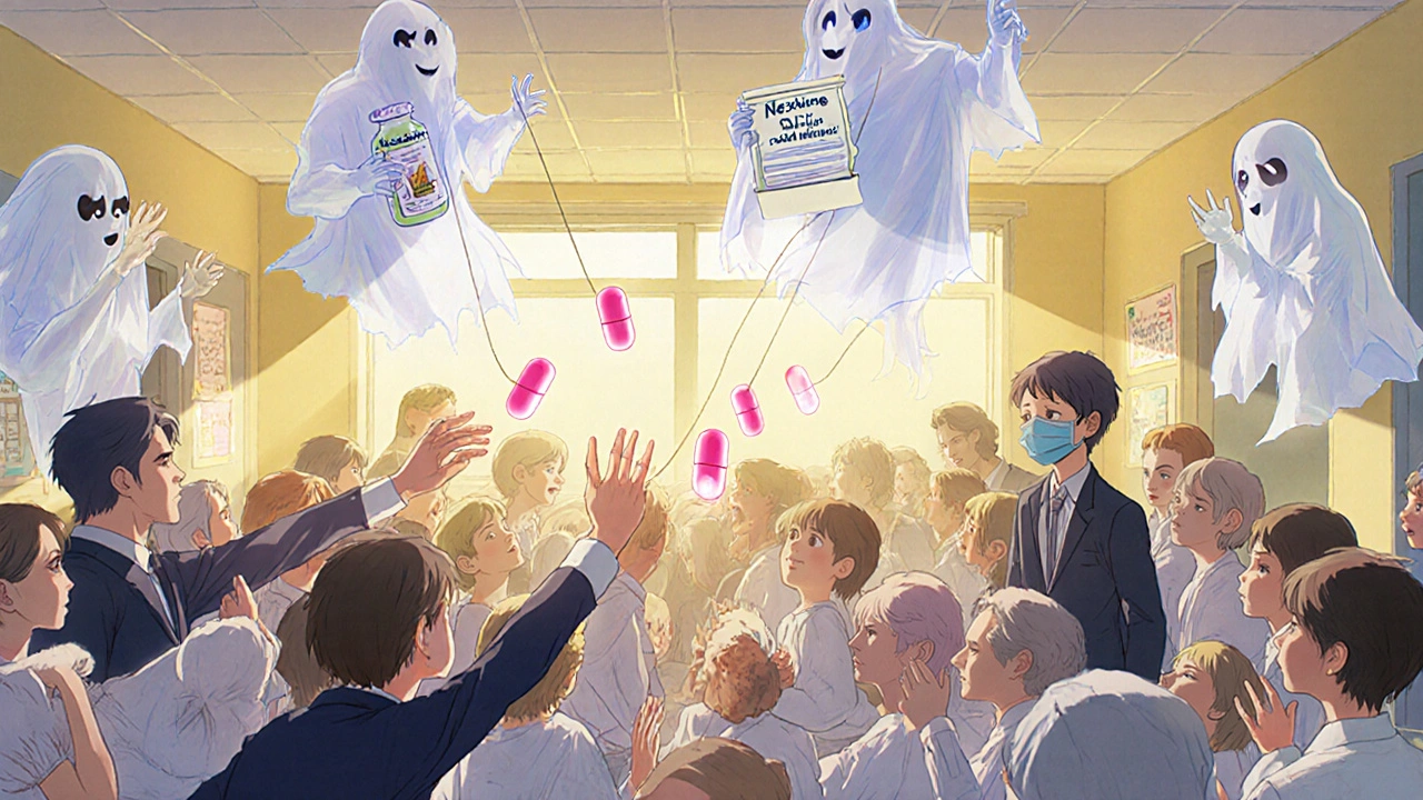 Patients reach for glowing generic pills as corporate ghosts try to pull them away in a hospital lit by morning light.