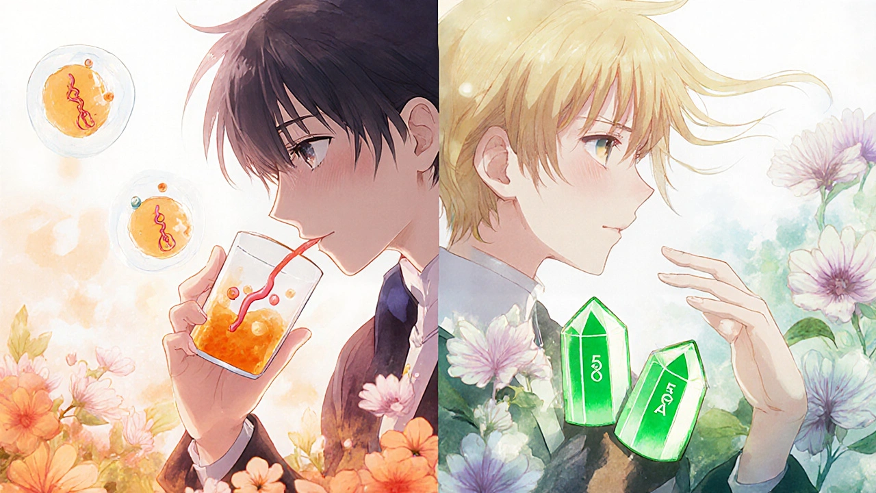 Side-by-side transformation from Azulfidine&#039;s side effects to mesalamine&#039;s gentle relief in dreamy anime style.