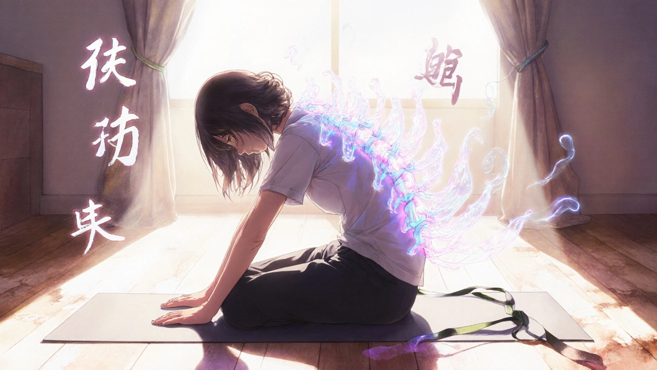 Someone gently stretching in a sunlit room, with calming energy waves radiating from their body.