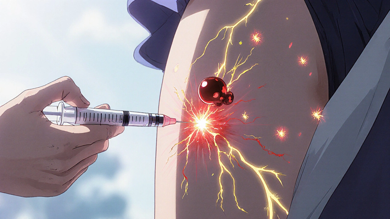 Someone giving themselves an injection with glowing energy and a fatty lump visible at the site.