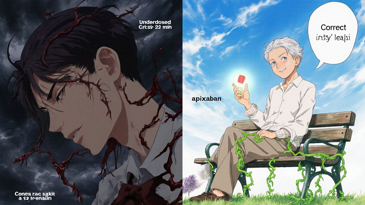 Split scene: one side shows stroke from underdosing, other shows health from correct apixaban use.