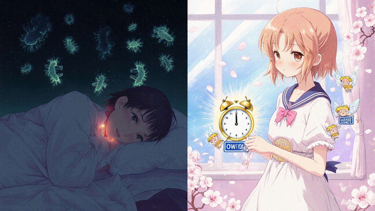 Split scene: sick patient vs. healed patient taking antibiotic with water, golden timer counting down safely.