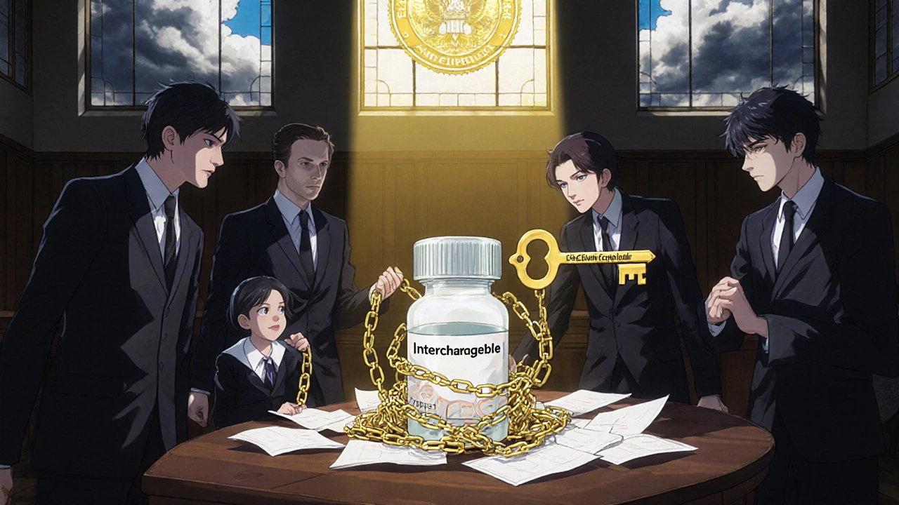 U.S. courtroom with legal chains entangling a biosimilar vial as a pharmacist reaches for an interchangeable key.