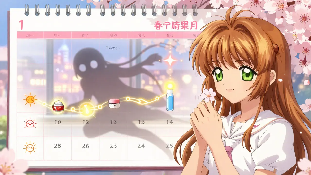 A calendar turning seasons as daily skincare habits form glowing runes, pushing back a shadowy melasma spirit.