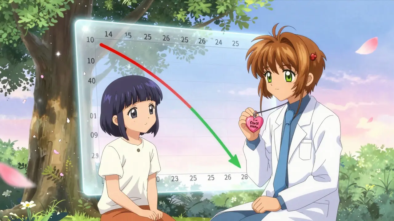 A doctor and patient view a shimmering 14-day side effect chart under a tree, symbolizing progress and partnership.