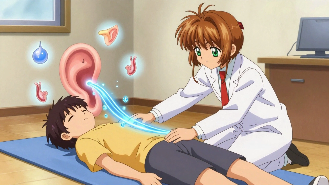 A doctor guides a patient through the Epley maneuver, with glowing crystals moving through an ear model.