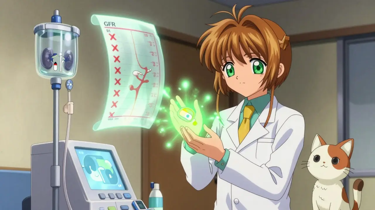 A doctor holds a buprenorphine patch as a dialysis machine glows with purified light and a kidney function chart hovers nearby.