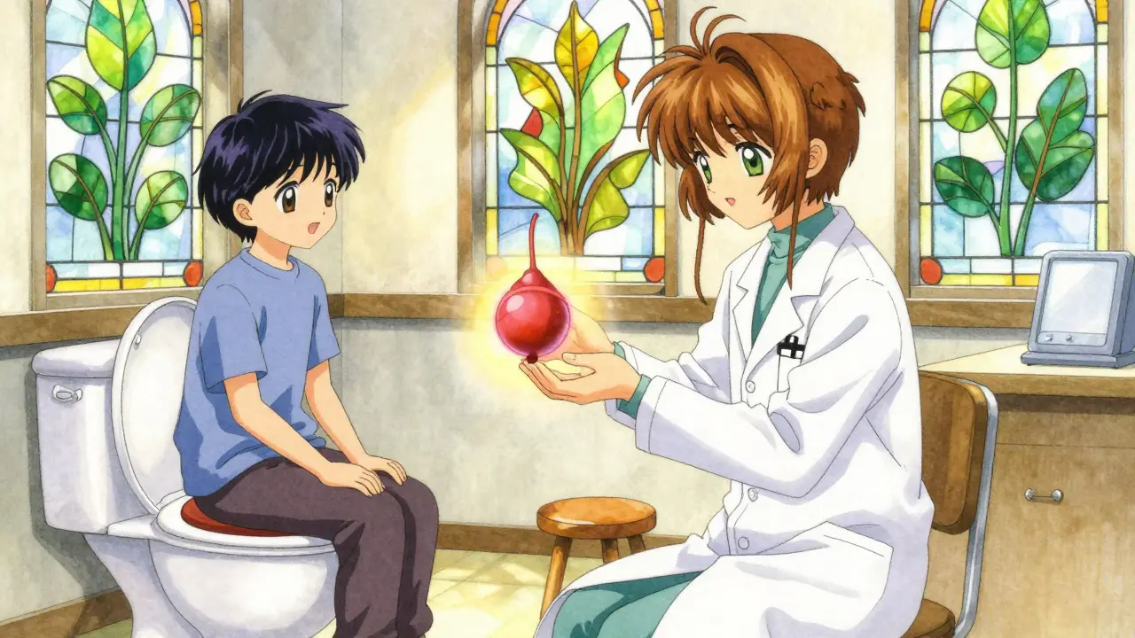 A doctor placing a glowing band on a shrinking hemorrhoid, with sunlight and vegetable-shaped windows symbolizing natural healing.