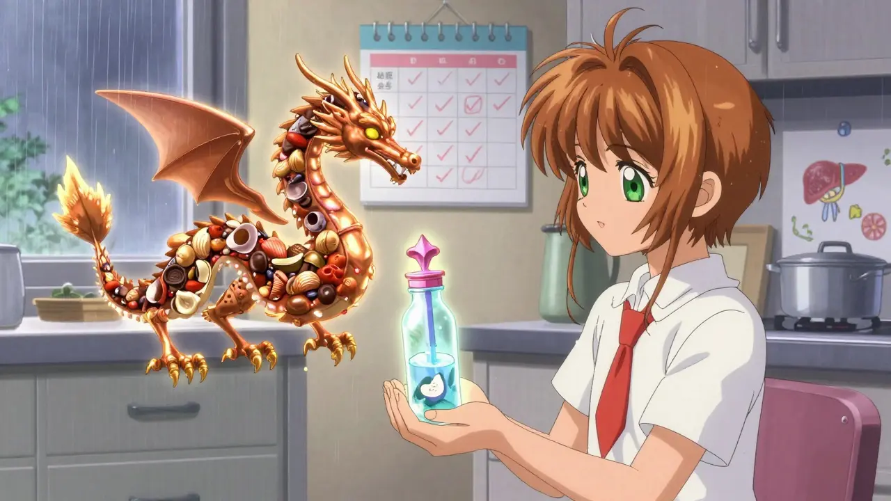 A family capturing a copper dragon made of food in a glowing vial, with lab test calendar and child's drawing in background.