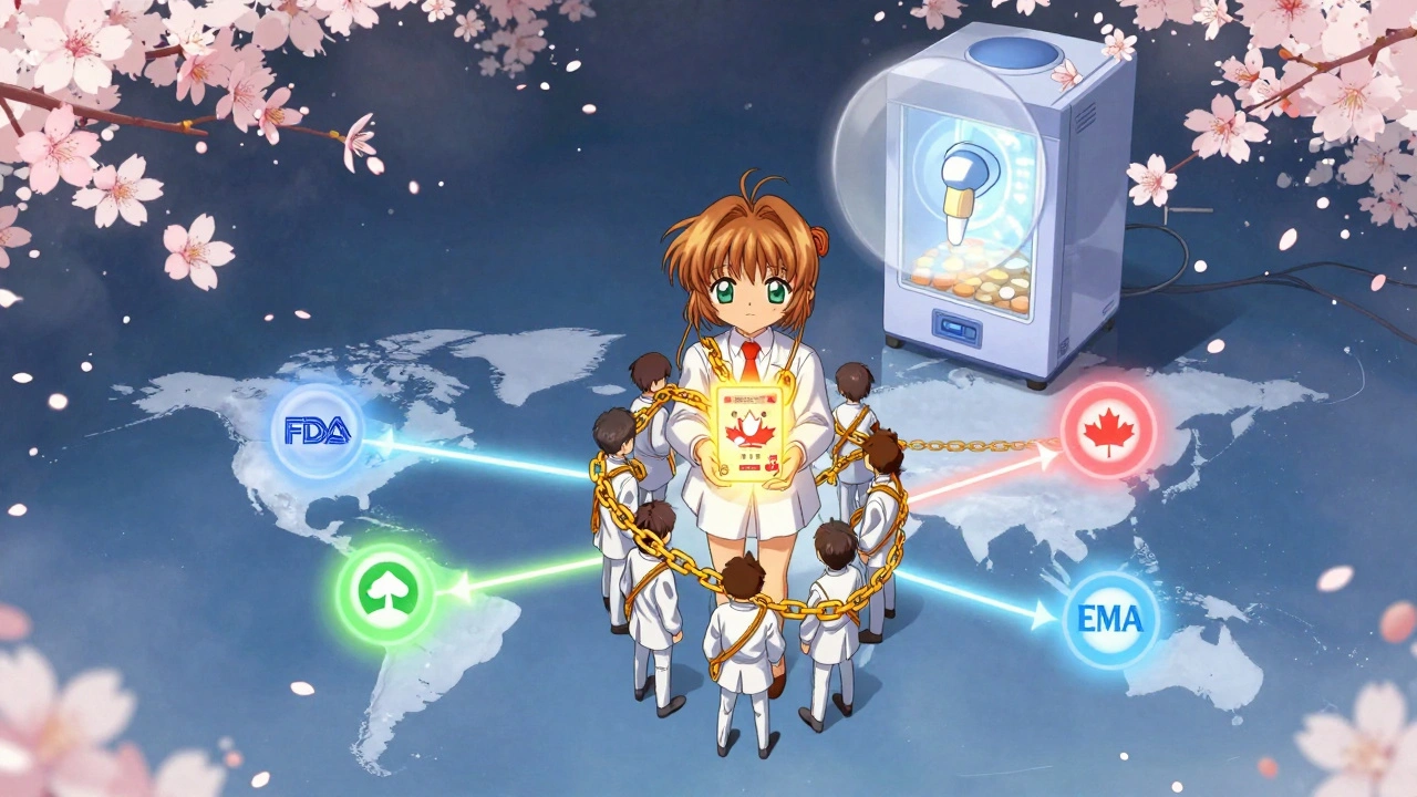 A global map with regulatory agencies pulses with light as a team holds a compliance card.