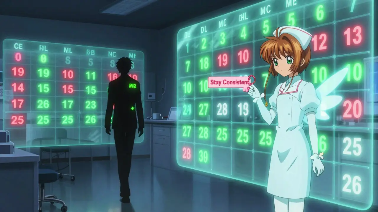 A glowing lab calendar on the wall shows warning signs, with a patient approaching a guardian spirit.