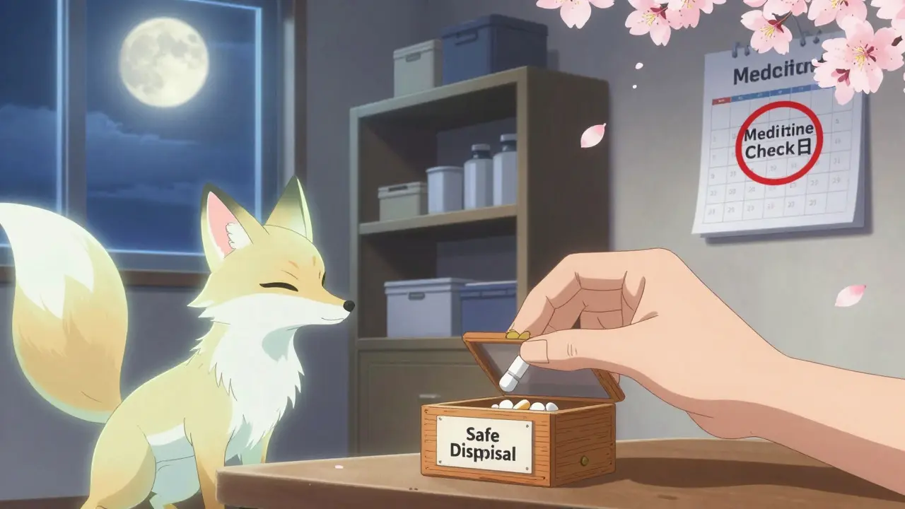 A hand puts expired pills into a disposal box as a spirit fox watches, moonlight shines through window, cherry blossoms fall.