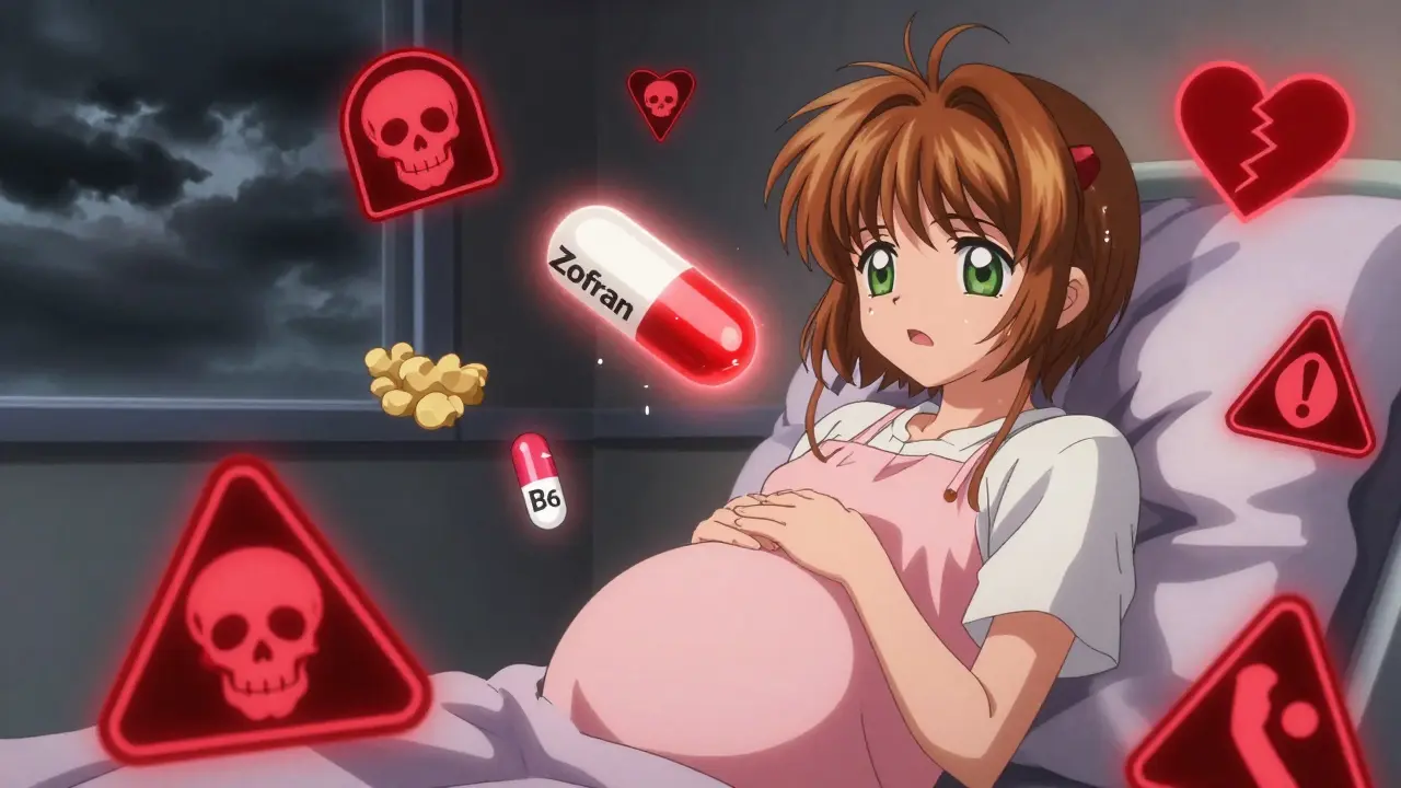 A hospitalized pregnant woman surrounded by warning symbols as safe alternatives glow protectively behind her.