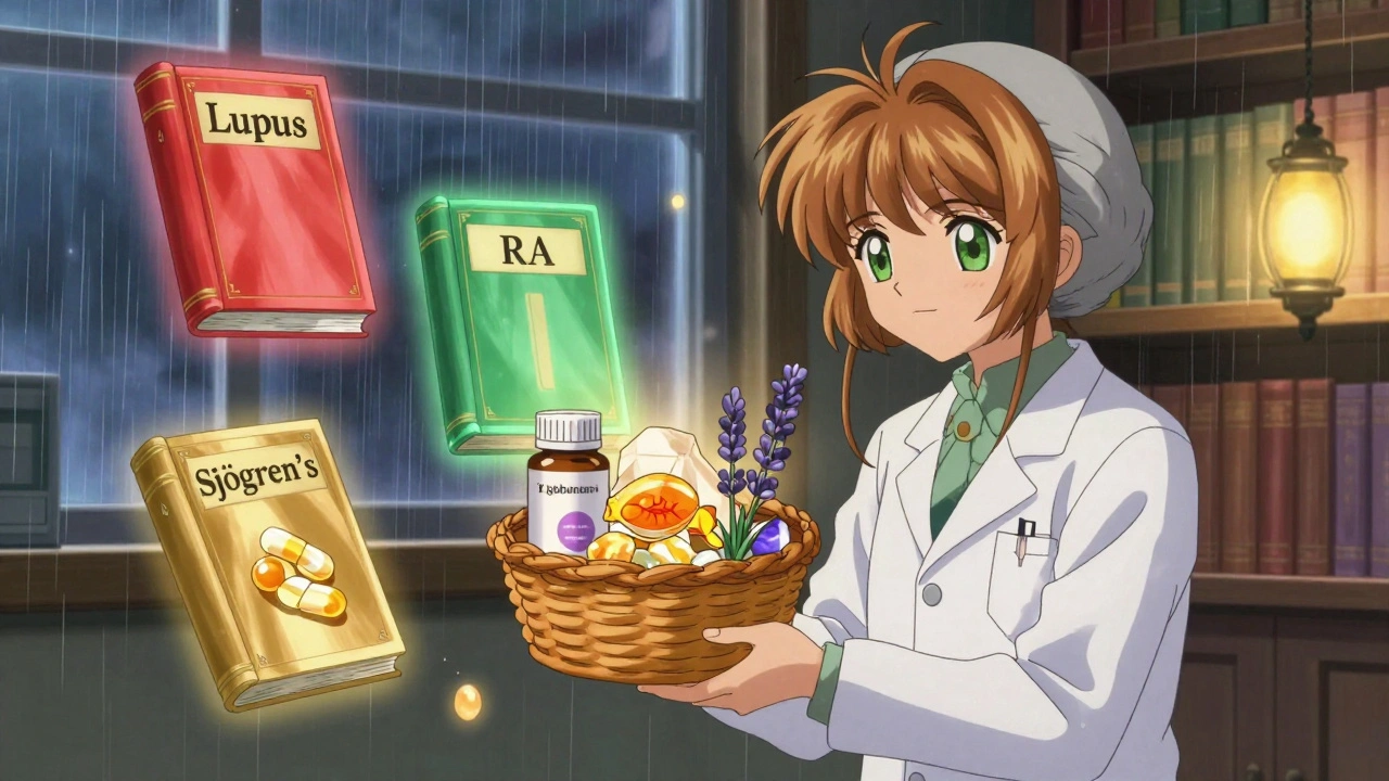 A medical library with floating disease books and non-hormonal alternatives offered by a wise figure in soft light.