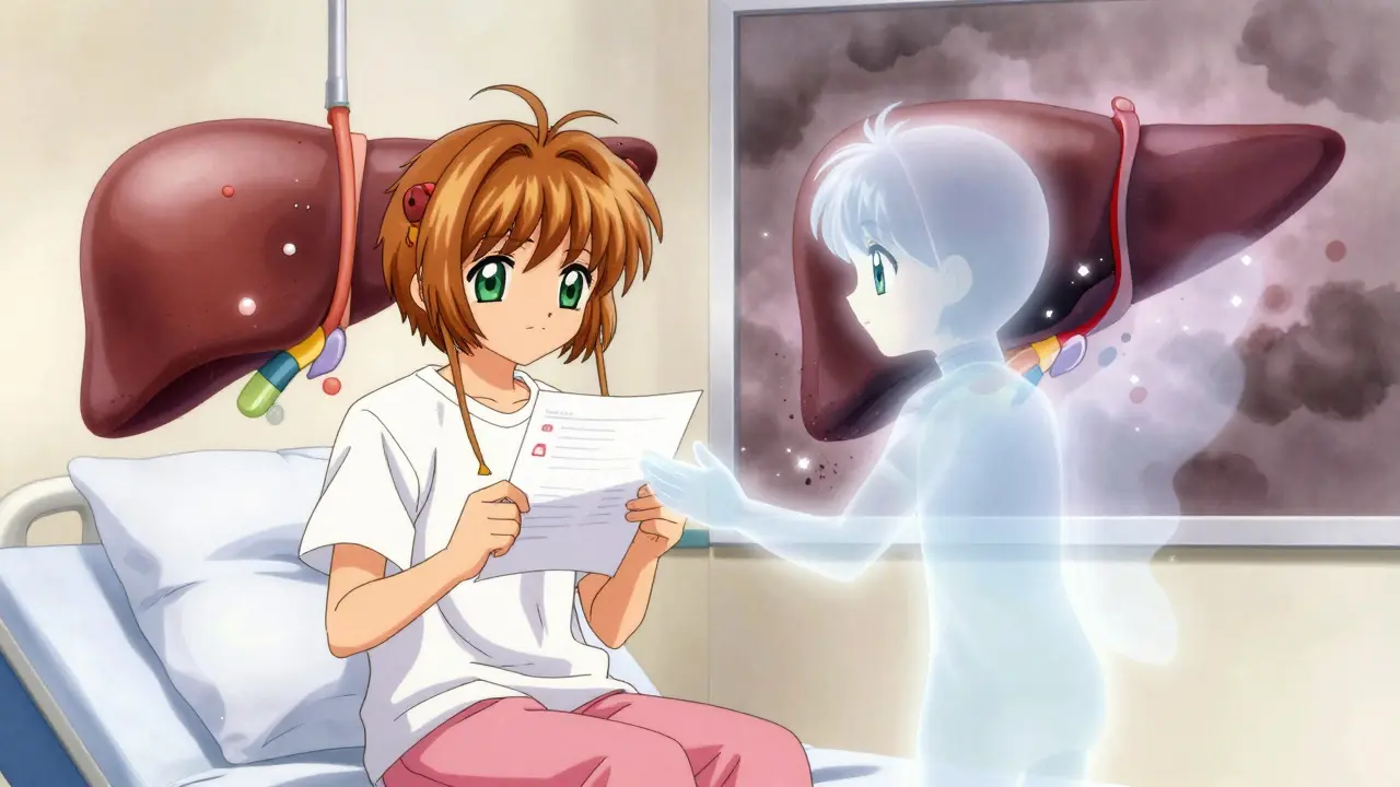 A patient comforted by a gentle liver spirit, with contrasting scenes of healthy and damaged liver.