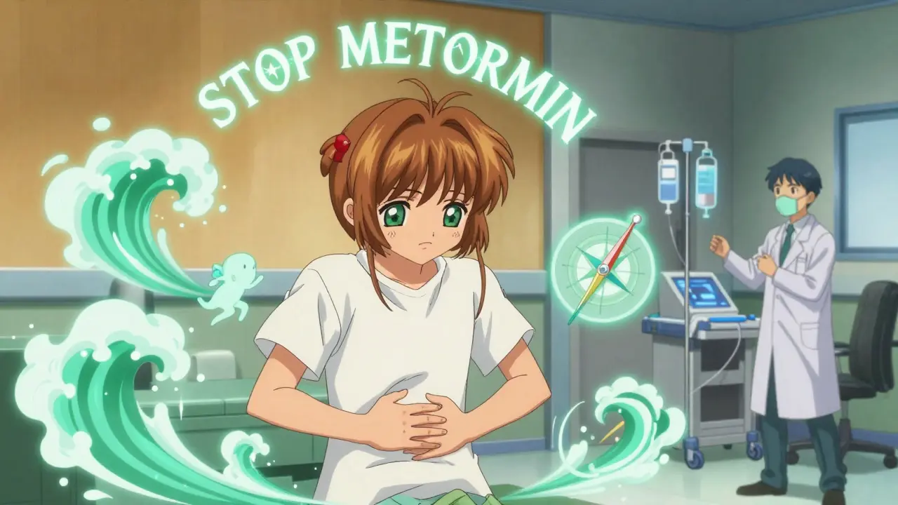 A patient experiencing lactic acidosis symptoms surrounded by floating visual signs, with medical rescue in the background.