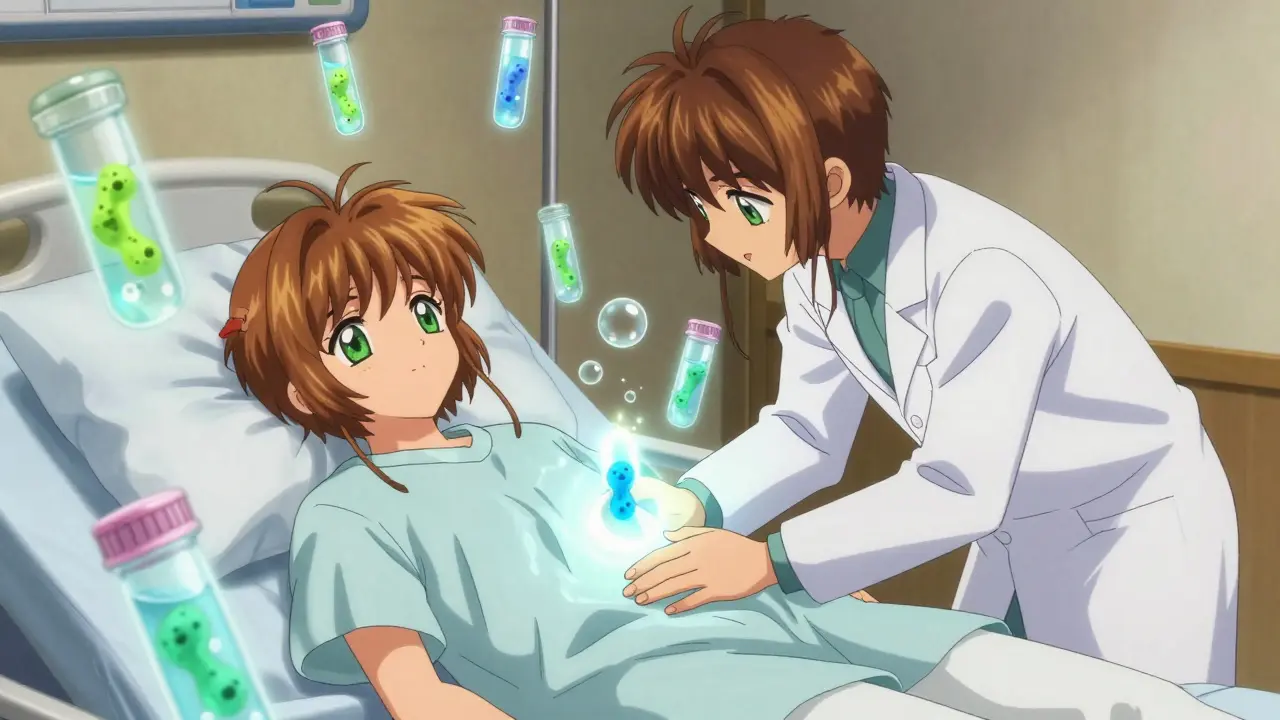 A patient in hospital with glowing stool tests and soap bubbles neutralizing harmful spores.