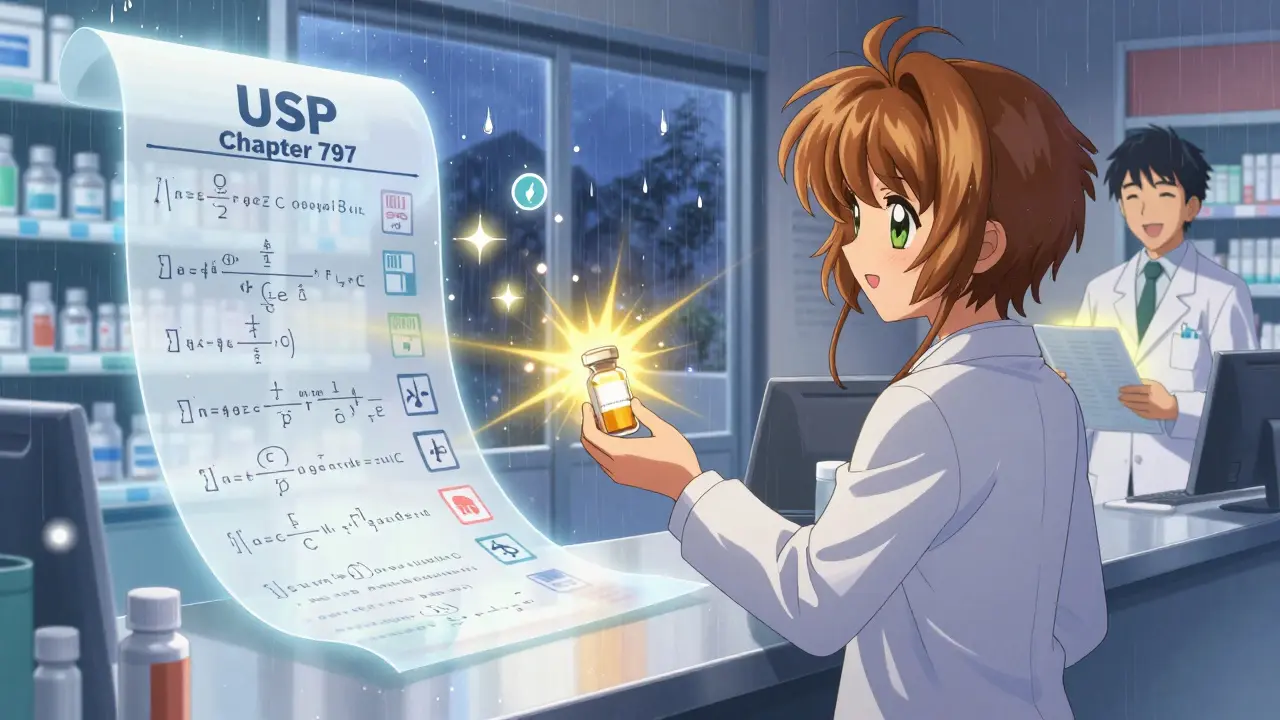 A patient returns an expired medication that transforms into sparkles while a USP guideline scroll floats behind them.