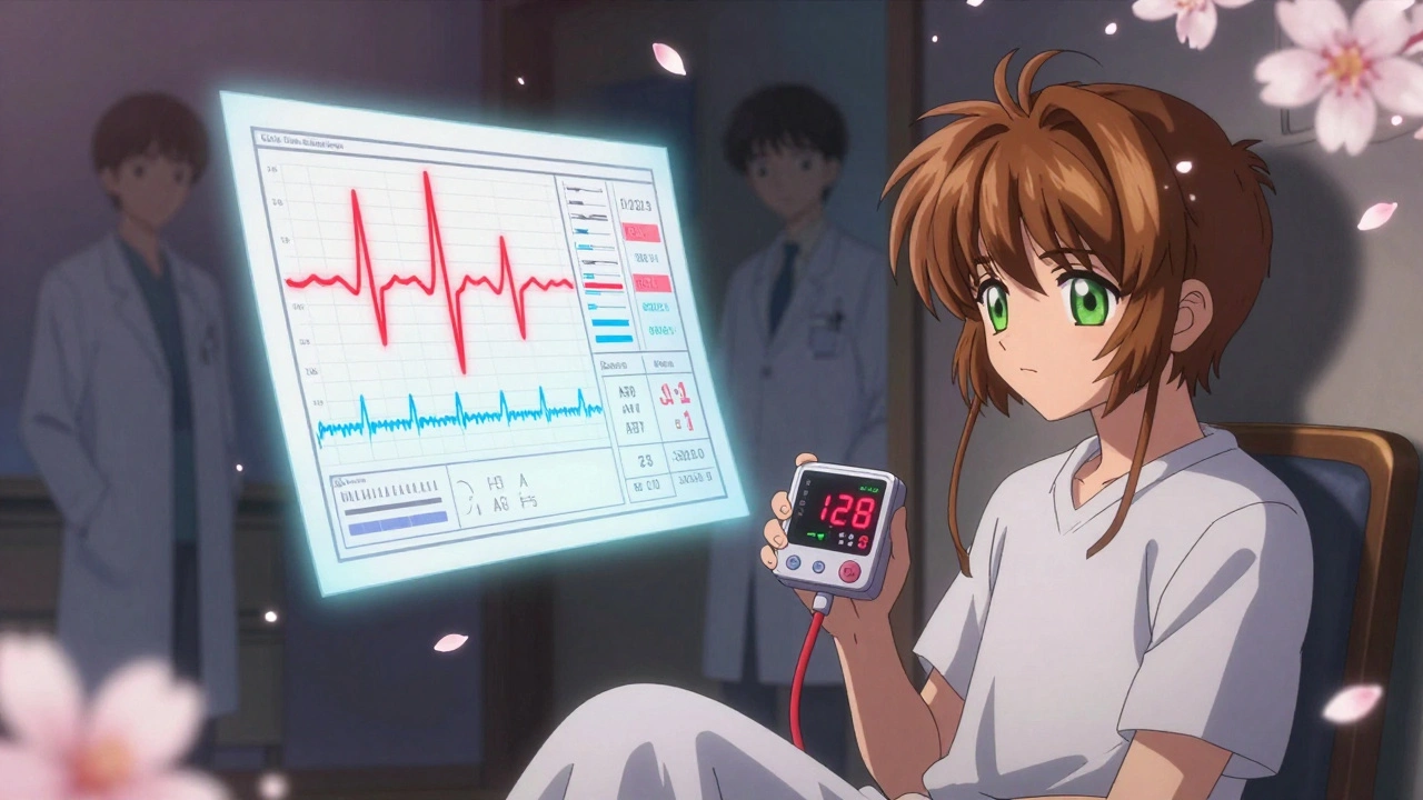 A patient with a heart rate monitor in a dim room, surrounded by floating medical data showing abnormal biological markers.