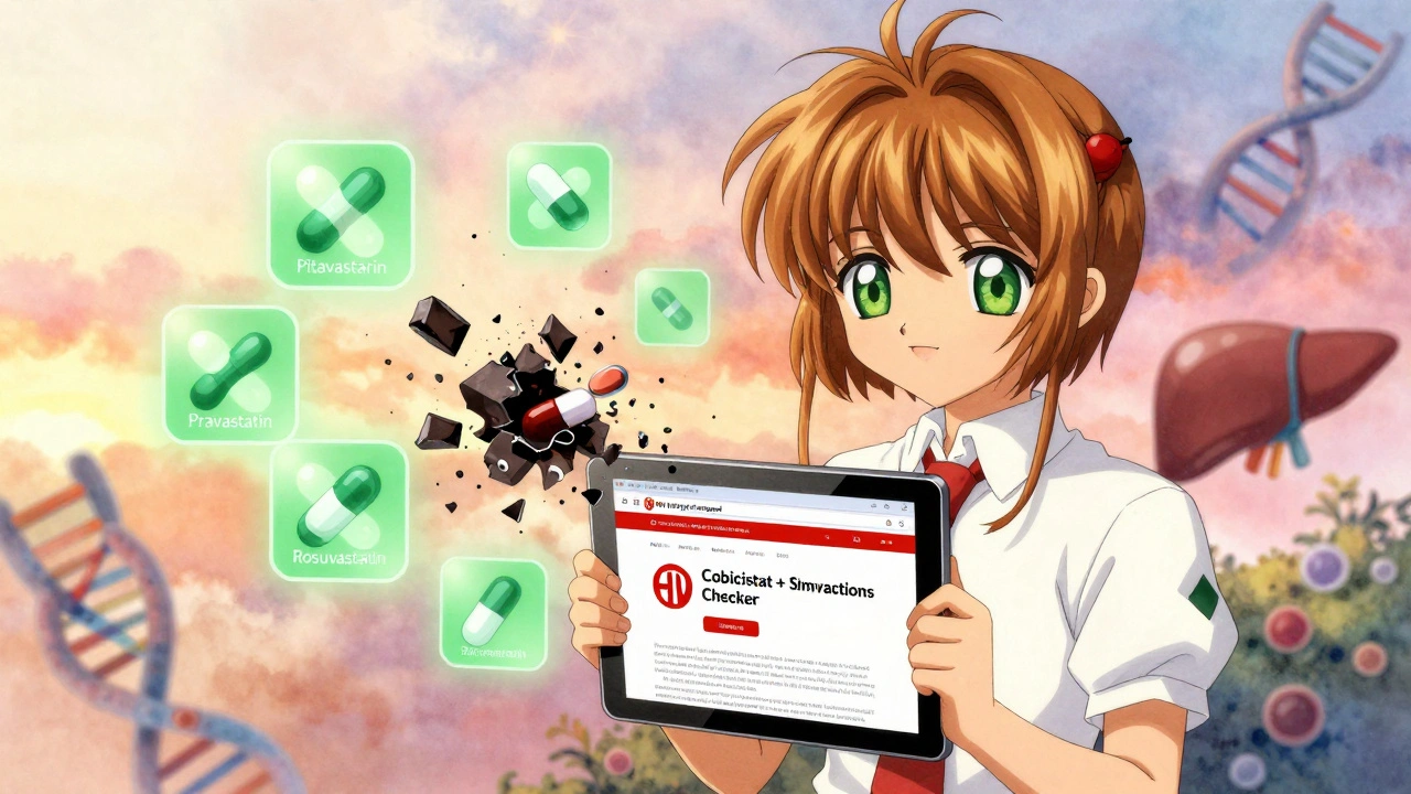 A person checking HIV-drug interactions on a tablet, safe statins glowing green while dangerous combinations explode into ash.