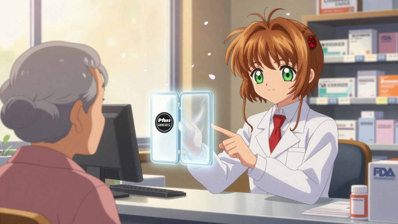 A pharmacist explains authorized generics to an elderly patient using a floating, split pill as a visual aid.