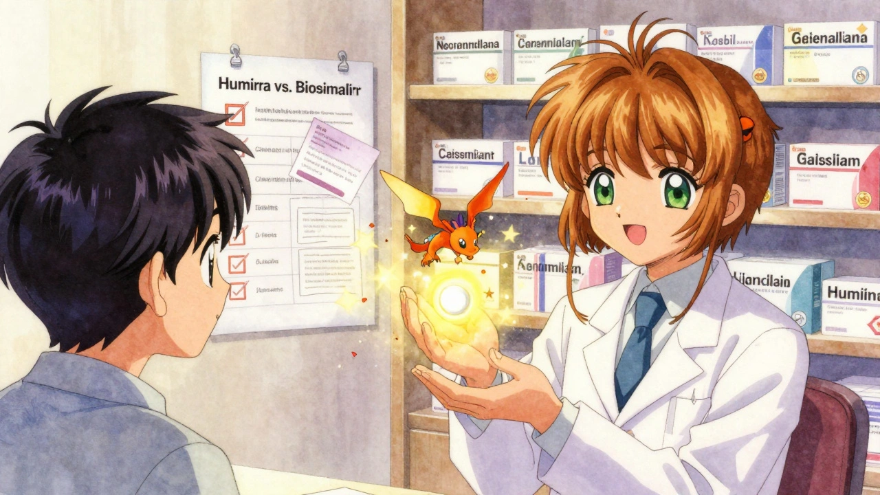 A pharmacist giving a glowing biosimilar pill that turns into a golden dragon.