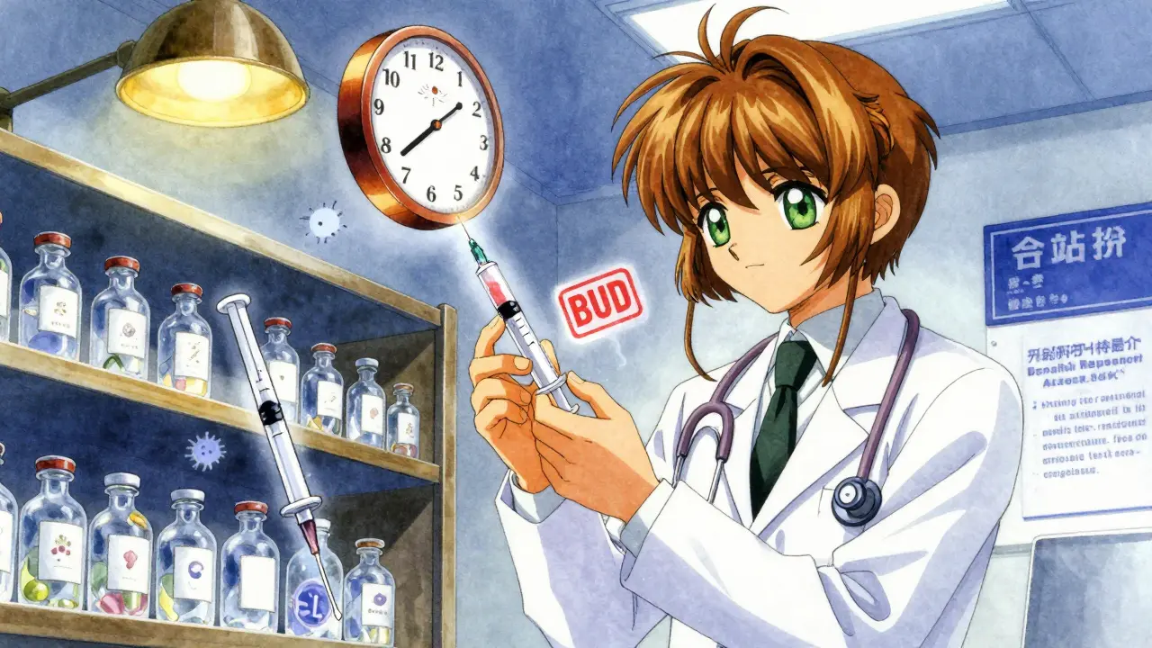 A pharmacist labels a syringe as a countdown clock and glowing bacteria appear above it in a lab setting.