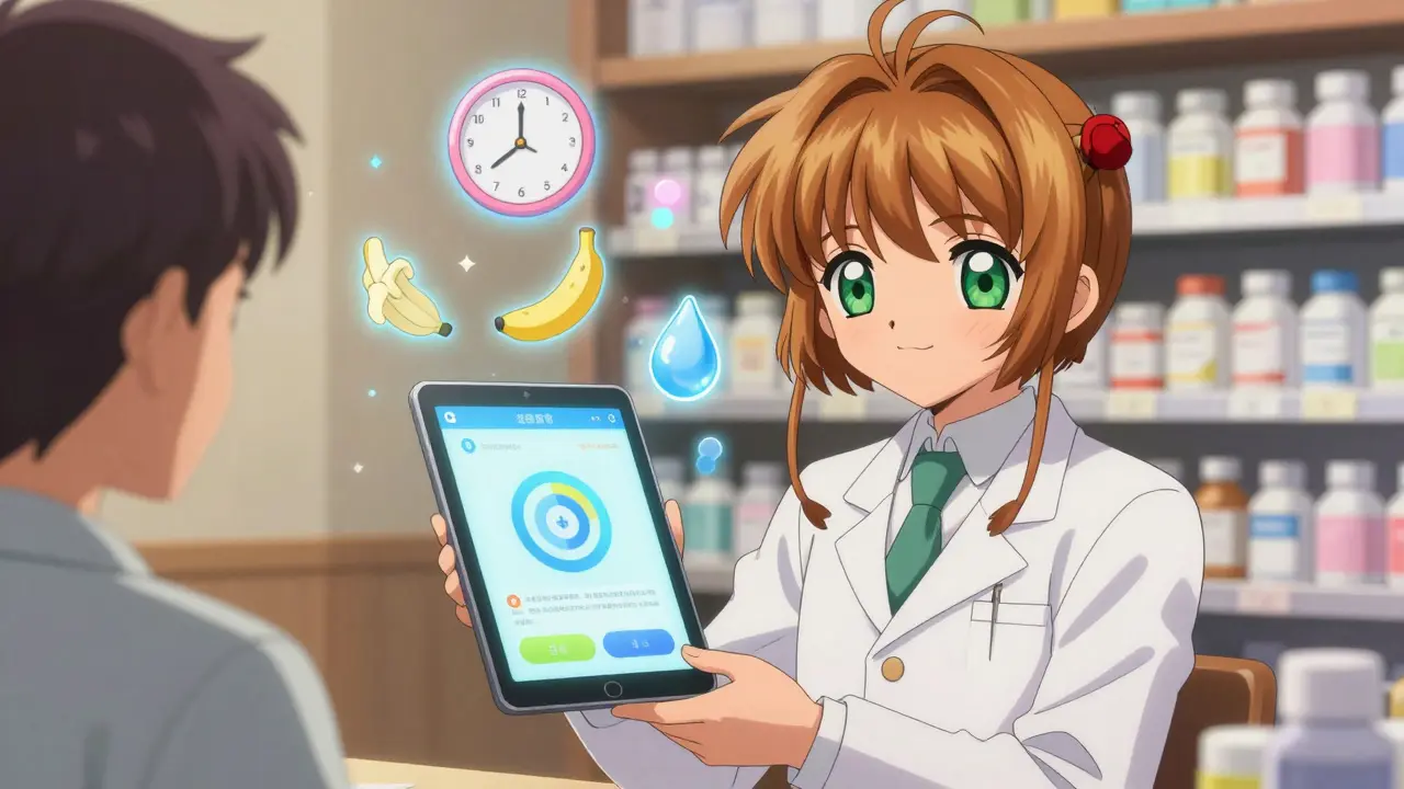 A pharmacist shares a glowing side effect tracker app with a patient, surrounded by helpful medical symbols.