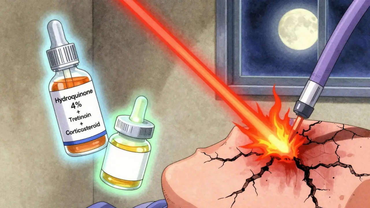 A prescription cream and vitamin C serum glowing beside a dangerous red laser beam damaging skin.