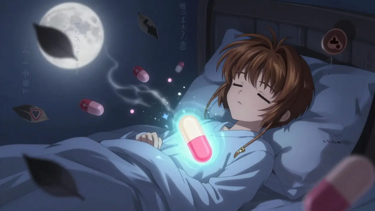 A sleeping patient is guarded by a glowing pill aura while fragmented generic pills drift like falling leaves around them.