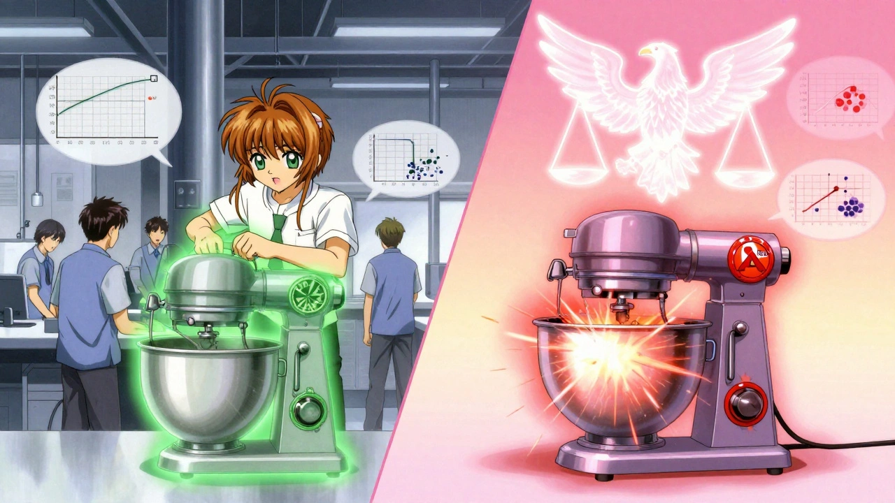 A split scene shows safe and dangerous equipment changes with glowing warning symbols.