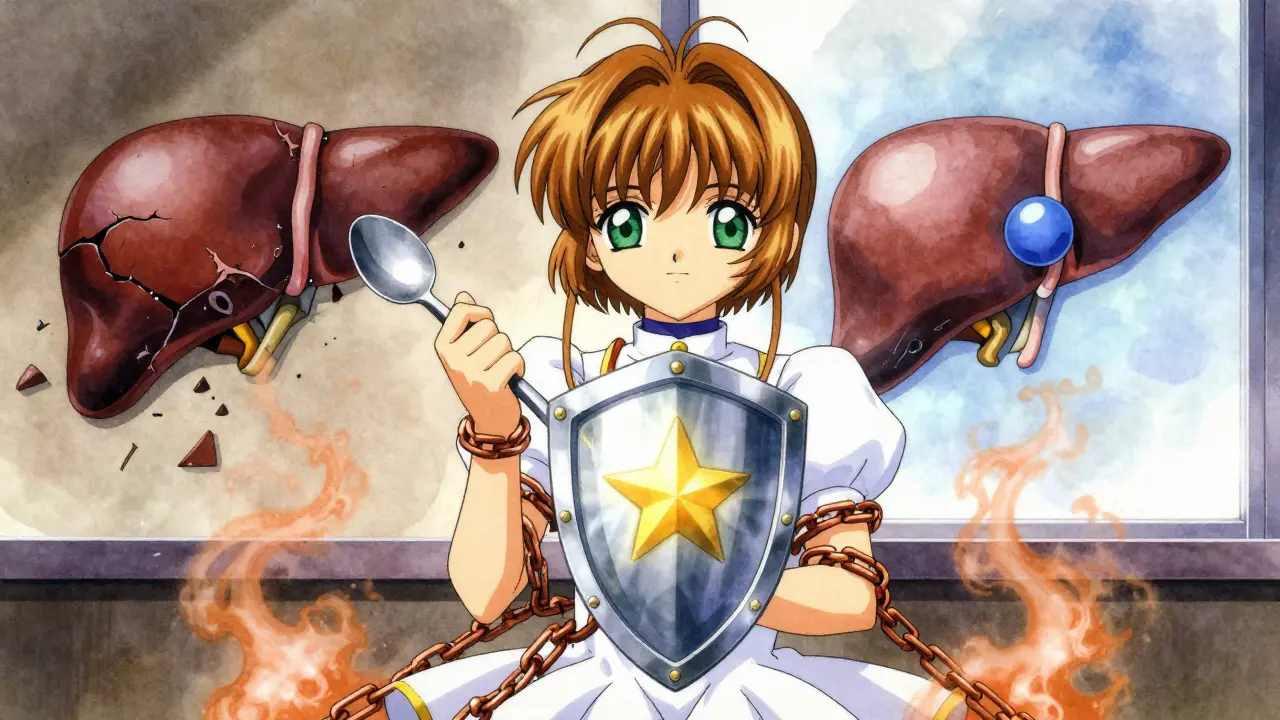A teen with copper chains binding their arms, protected by a glowing zinc shield, split scene of damaged and healthy liver.