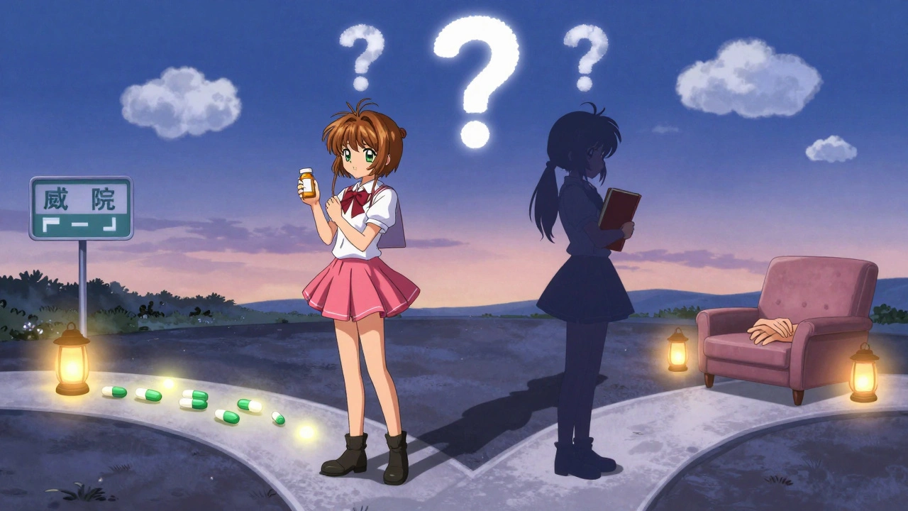 A woman at a crossroads, torn between medical treatment and emotional healing under twilight skies.