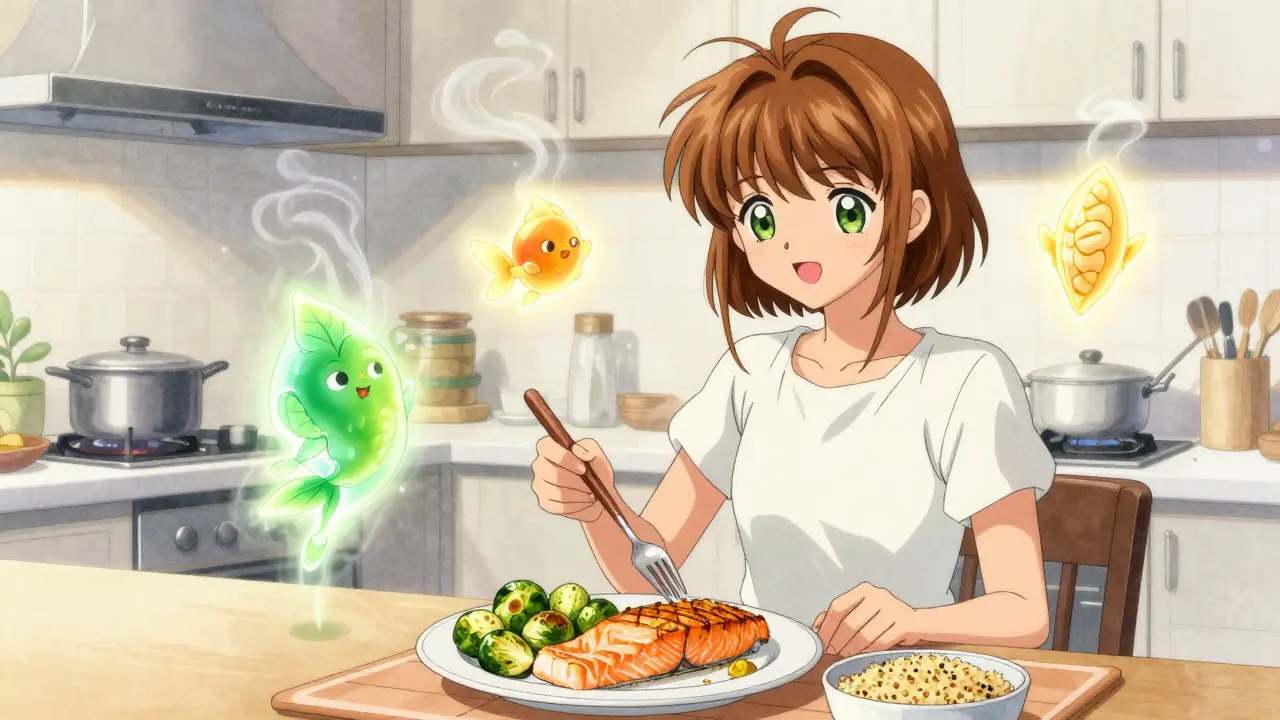 A woman cooking a balanced meal with magical health spirits dancing around her in anime style.