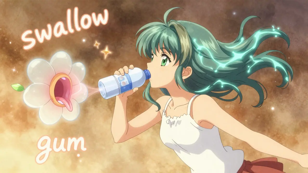 A woman swallowing water mid-flight with glowing Eustachian tube opening like a flower.