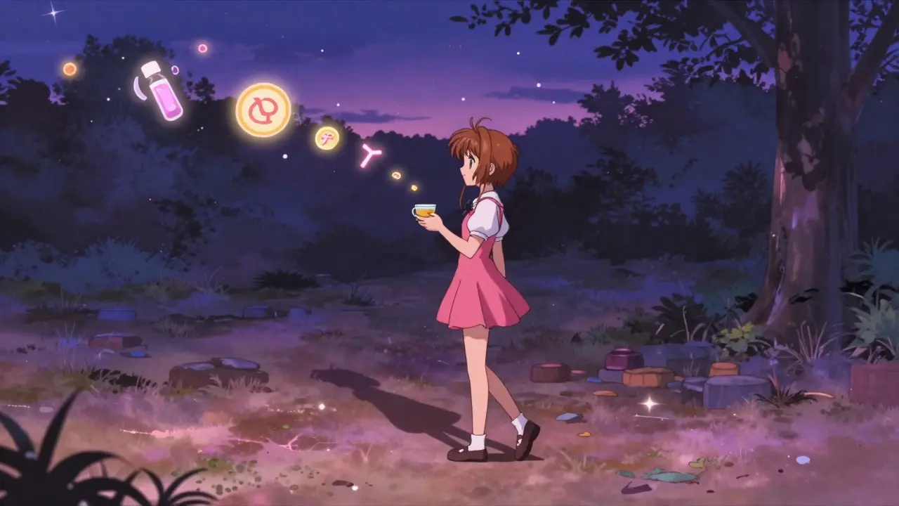 A woman walking at dusk as hormonal symbols fade away, symbolizing healing in anime style.