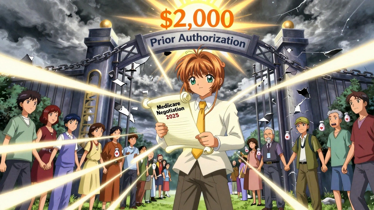 An elderly man breaking through a prior authorization gate with a Medicare savings scroll.