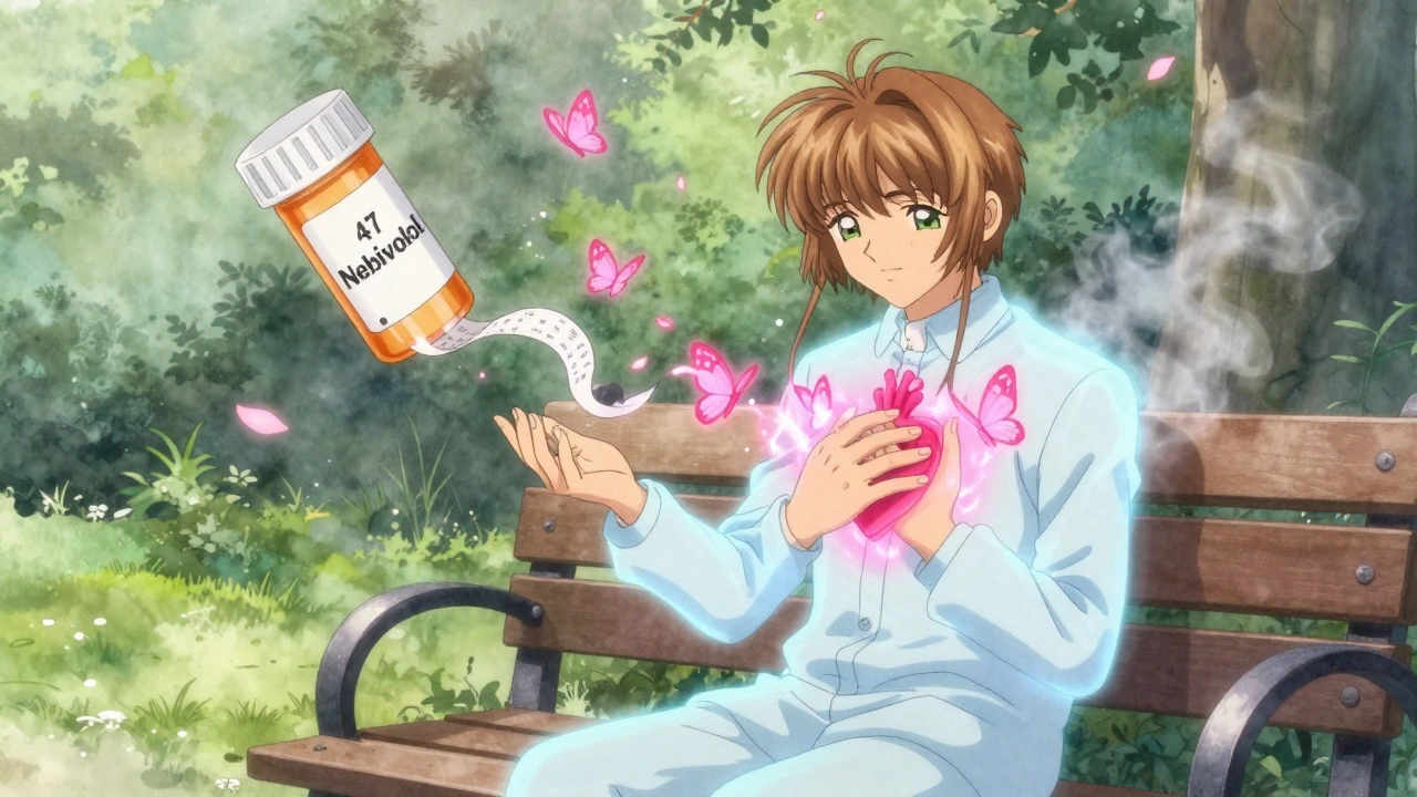 An elderly man surrounded by nitric oxide butterflies as nebivolol heals his heart and improves circulation in soft anime style.